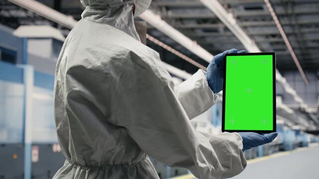 Isolated screen tablet in semiconductor production plant facility used to do maintenance on machinery. Chroma key device in microchip factory used to check PCB parts manufacturing, camera B
