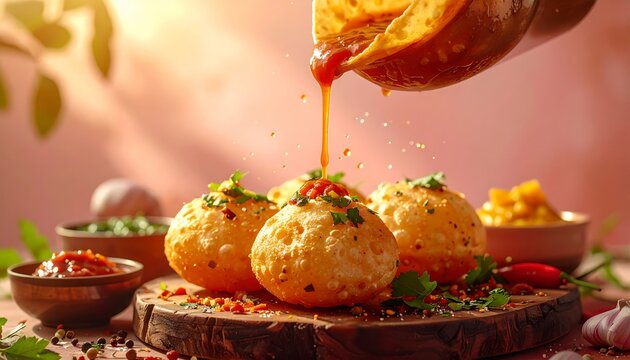 Indian Pani Puri or Golgappa street food being drizzled with sweet tamarind chutney on a rustic board