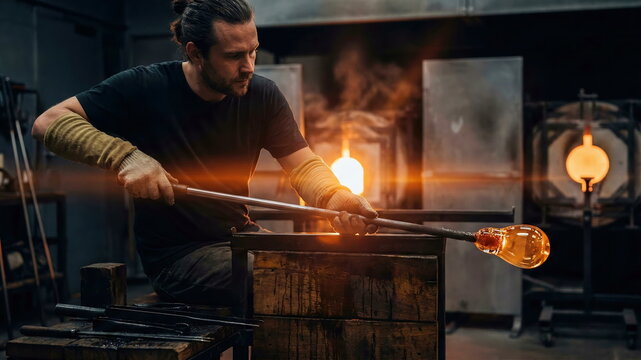 A focused glassblower meticulously shapes molten glass with a glowing pipe in a dark, fiery workshop, symbolizing skilled craftsmanship and artistic creation.