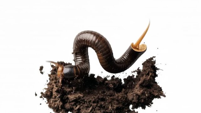 Earthworm Emerging from Soil on White Background