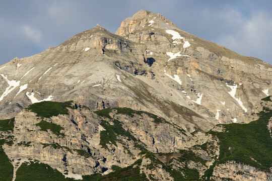 Peilspitze mountain (2,393 m) hanging over Stubaital valley in Tirol, Austria.