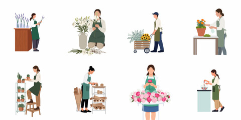 Fototapeta premium Set of various florists and garden workers in aprons arranging flowers and tending to plants, flat vector illustration isolated on white background.