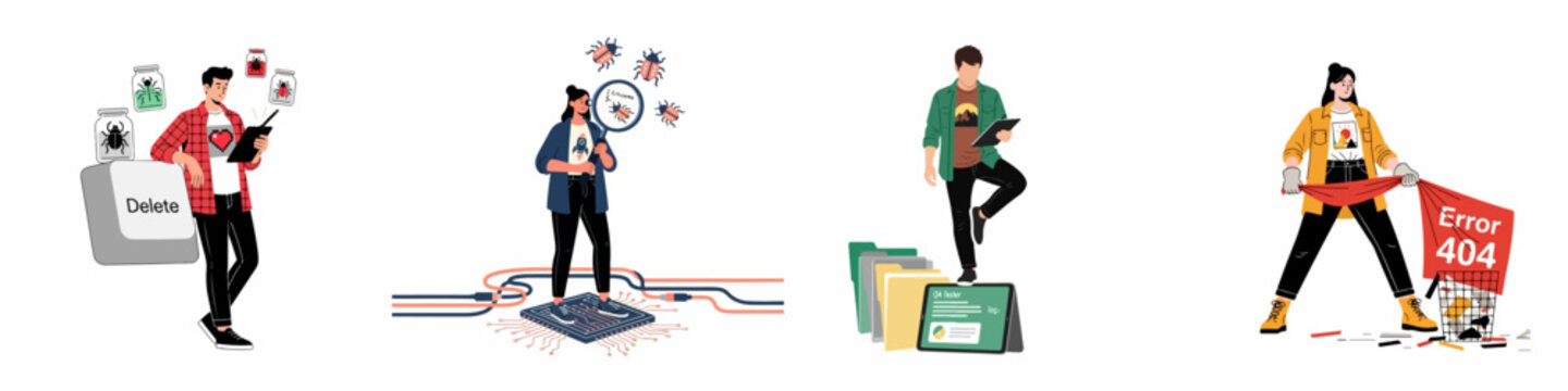 Collection of software quality assurance illustrations showing engineers debugging, finding bugs, fixing errors, and managing system logs for web development.