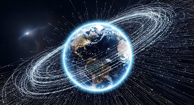 Global network connections visualized as energetic lines orbiting the planet Earth, representing communication and technology