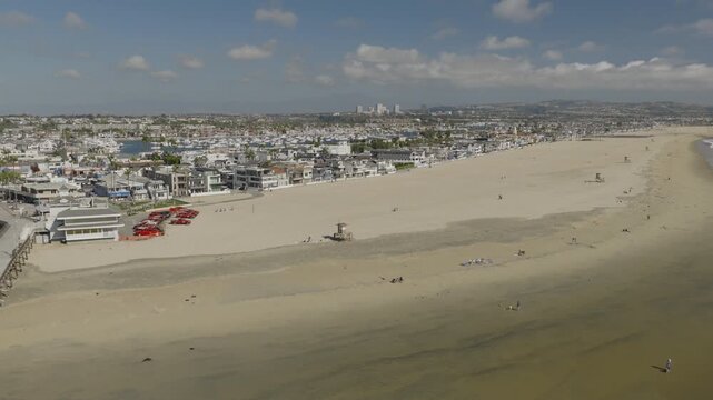 An aerial shot of Newport Beach and the Newport Pier at late afternoon, Newport Beach, CA