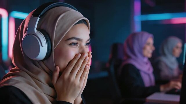 Excited Muslim woman gamer in hijab reacting joyfully while playing PC video games in a neon-lit cyber club