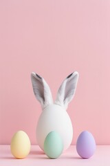 Fototapeta premium Soft pink Easter background with bunny ears and eggs, modern minimal style