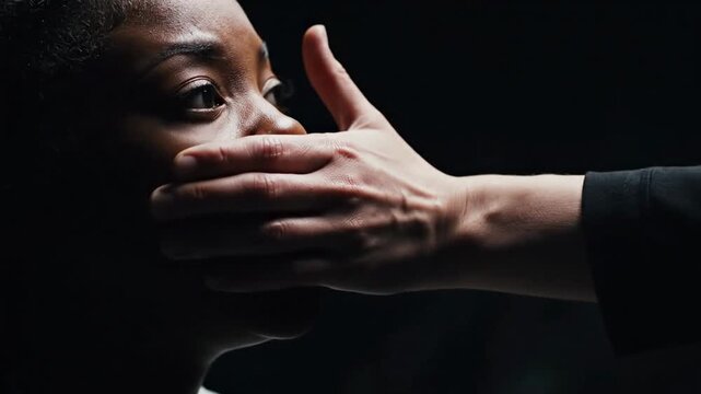 Anonymous Hand Emerging from Shadows to Cover Woman Mouth Silencing Truth