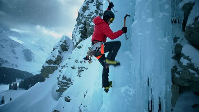 Mountaineer Using Ice Axes on Frozen Cliff Face
