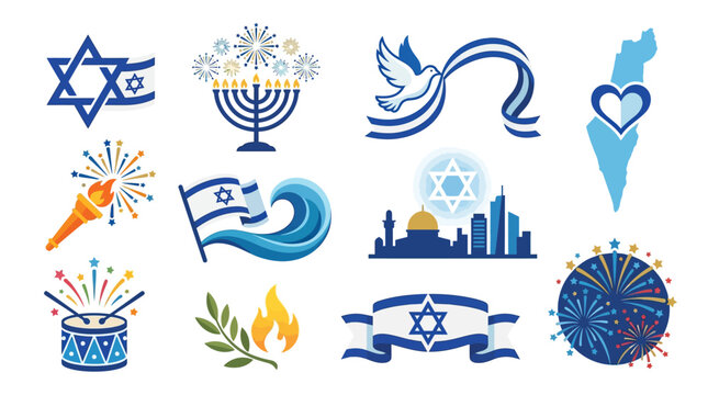 Collection of Israeli cultural and national symbols, including the Star of David, menorah, Israeli flag, dove, and fireworks.