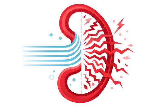 Medical illustration of a human kidney comparing healthy smooth blue fluid flow with red turbulent pressure and jagged lines, symbolizing renal health versus inflammation.