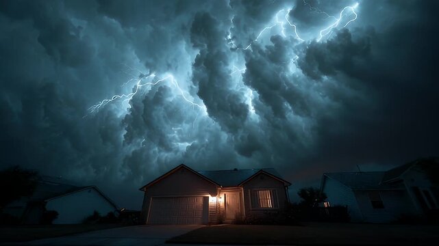 House Under Stormy Lightning Sky Symbolizing Financial Crisis