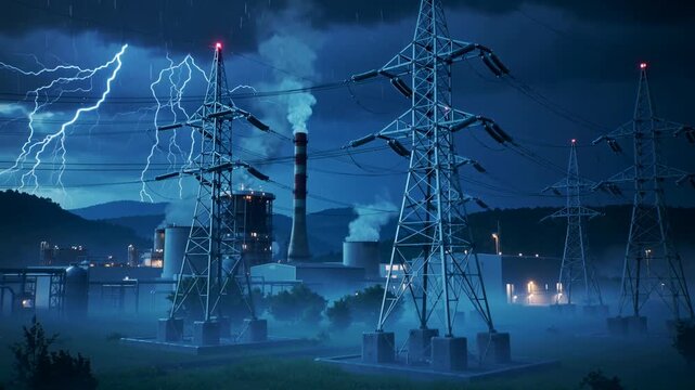 Thunderstorm Over Power Plant and High Voltage Transmission Towers at Night
