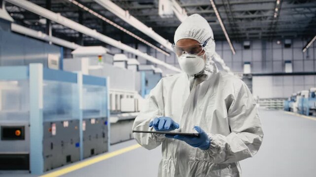 Portrait of microchip factory expert testing silicon wafer batches with tablet control app. Engineer monitoring semiconductor manufacturing plant machinery readouts with device, camera B