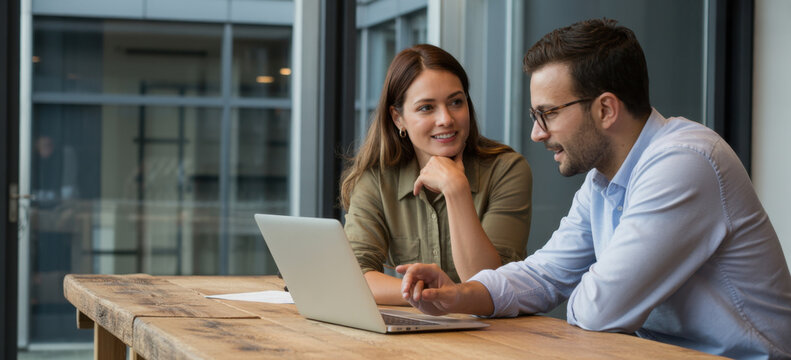 Two happy professional business people, smiling colleagues or company workers talking at meeting using laptop computer discussing online technology project together working in office at workplace. 
