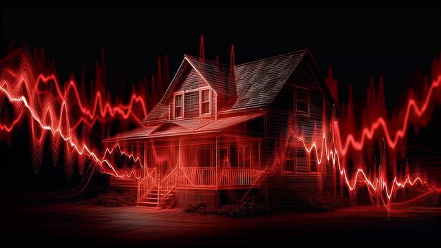 Red Graph Lines Surrounding a House Symbolizing a Financial Crisis