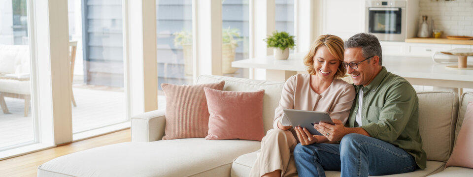 Candid photo of happy middle aged couple using digital tablet relaxing on couch at home. Smiling mature man and woman holding tab browsing internet on pad device sitting on sofa in living room. 