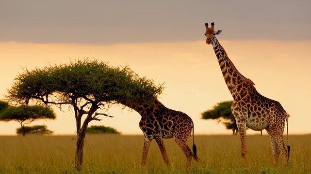 Two giraffes in a golden savanna, one eating leaves, the other standing tall. Sunset sky