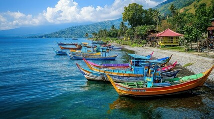 Fototapeta premium Colorful fishing boats lined up along a shoreline, reflecting in the turquoise water, with lush green vegetation and mountain backdrop