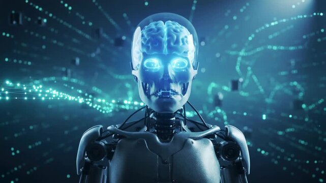 Futuristic AI mind visualization with glowing brain