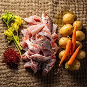 Minimalist display of Kakavia ingredients: fresh red mullet, white fish fillets, potatoes, carrots, celery, saffron, and olive oil on burlap.