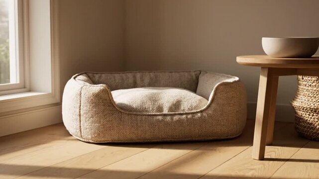 Cozy pet bed in a sunlit modern home interior with wooden floor