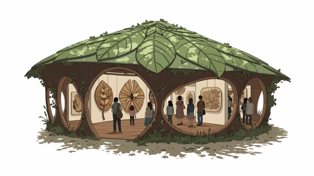 Whimsical eco-friendly art gallery with leaf-shaped roof and organic openings showcasing botanical prints to diverse visitors in a surreal, nature-inspired setting.