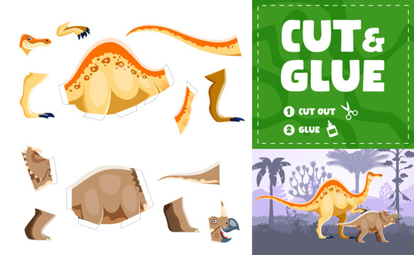 Cut and glue kids game with prehistoric dinosaurs. Prehistoric animal cut and glue vector kids game, DIY puzzle model. Handmade paper craft toy with Deinocheirus and Centrosaurus cartoon dinosaurs
