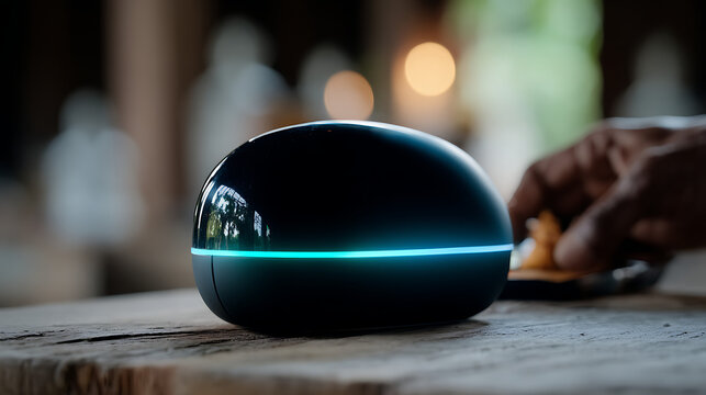 Sleek smart home hub speaker on wooden table with glowing light, voice assistant device in modern living room, artificial intelligence and home automation concept.
