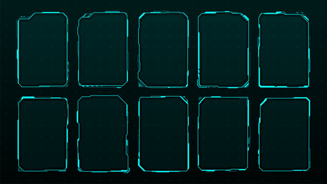 Futuristic HUD frames, future technology display interface elements. Computer game futuristic blue neon HUD frame. Mobile arcade futuristic vector electronic led light UI borders or overlay banners