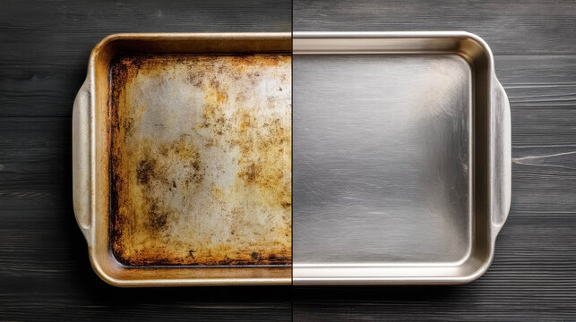 Dirty and clean baking tray before and after comparison
