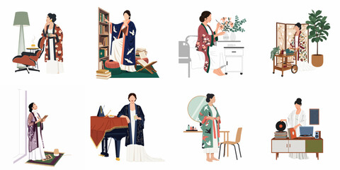Fototapeta premium Collection of elegant women in kimono robes participating in various lifestyle activities at home, flat vector illustration.