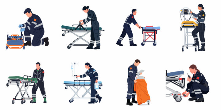 Flat vector illustrations of male and female paramedics in uniforms working with medical equipment, stretchers, and gurneys on a white background.