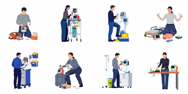 Flat vector illustration set of paramedics and emergency medical technicians using defibrillators and life-saving equipment in various healthcare scenarios.