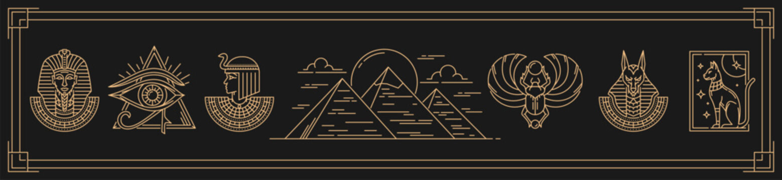 Sacred egyptian symbols with vector line ancient Egypt pharaoh pyramids, scarab and Cleopatra. Sacred egyptian black cat, eye of Horus and Tutankhamun, god Anubis and Bastet in outline geometric frame