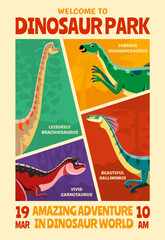 Fototapeta premium Dinosaur park poster with cartoon jurassic dino at prehistoric jungle trees silhouettes vector background. Cute brachiosaurus, carnotaurus, wannanosaurus and gallimimus dinosaurs, dino park poster