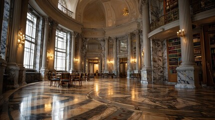 Obraz premium Elegant Reading Hall Featuring Marble Textures and a High Ceiling Bathed in Soft Ambient Light With Balanced Shadows at a Library
