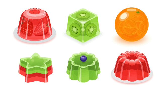 Six colorful fruitflavored gelatin desserts in various shapes on a white background