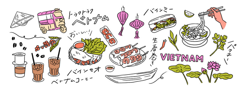 ベトナムの観光、伝統料理、バインミーやフォー、ベトナムコーヒーなどの手書きベクターイラスト素材セット A set of hand-drawn vector illustrations featuring Vietnamese tourism, traditional dishes such as banh mi and pho, and Vietnamese coffee.