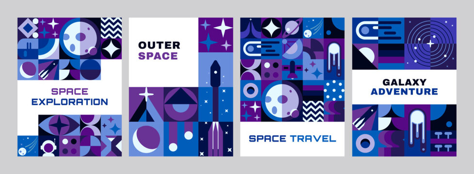 Modern galaxy space posters with geometric Bauhaus pattern. Cosmos research vector flyer with Bauhaus geometric pattern. Universe and Space exploration poster with spaceship rocket, planets and stars
