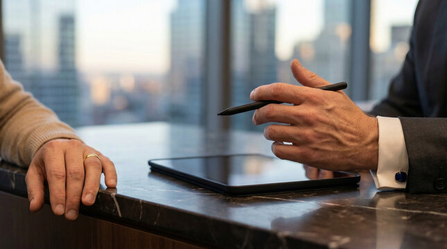 Financial Advisor Consulting High Net Worth Client in Luxury Office, Wealth Management Strategy, Investment Planning with Digital Tablet, Private Banking and Premium Fiscal Service