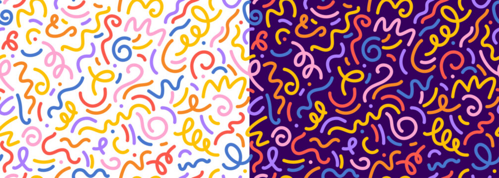 Squiggly line seamless pattern background, abstract fun shapes, kids holiday bg. Vector doodle art geometric pattern of hand drawn color squiggles, wavy lines and dots, bright scribbles and swirls