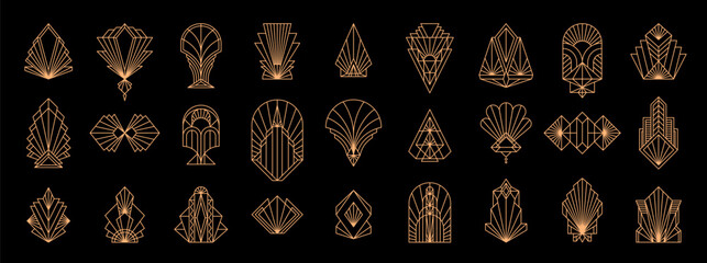 Art deco borders, frames and decor elements. Vector gold line ornament frames and geometric pattern borders set with elegant art deco corners and arches for vintage luxury cards and ornate invitations