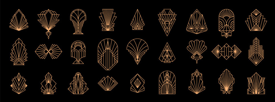 Art deco borders, frames and decor elements. Vector gold line ornament frames and geometric pattern borders set with elegant art deco corners and arches for vintage luxury cards and ornate invitations