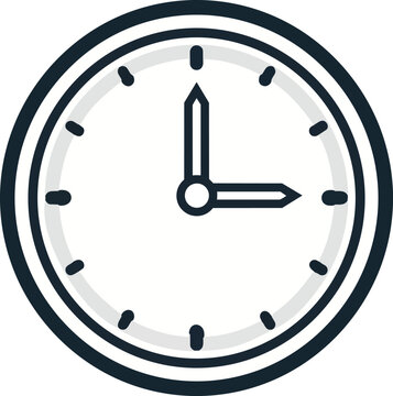 Minimalist line art illustration of a simple circular wall clock showing the time three o'clock with dark grey hands and hour markers on a white face.