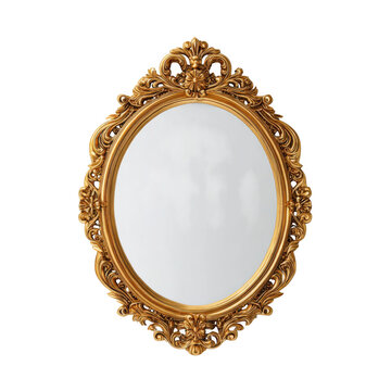 Ornate gold oval mirror frame with intricate design isolated on transparent background