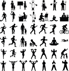 Fototapeta premium People Activity and Profession Silhouette Icon Set with Workers, Athletes, Family, Fitness, and Daily Life Actions for Business and Lifestyle Design