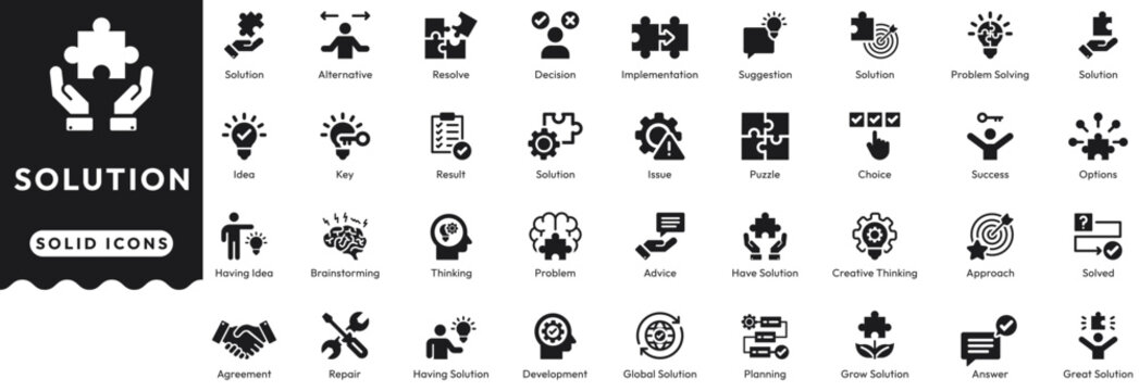 Solution solid icon set cover alternative, resolve, decision, implementation, suggestion, idea, result, issue, answer, planning, development, repair, agreement. Professional vector illustration set