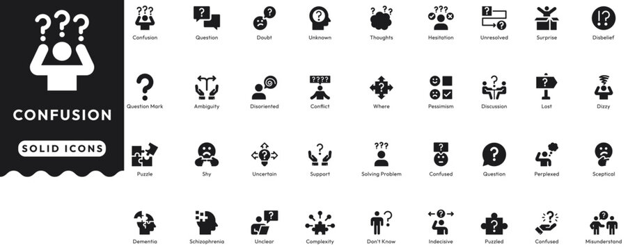 Confusion solid vector icon set. Features question marks, doubt, uncertainty, problem solving, dementia, and thinking symbols. Perfect for psychology and decision-making ui designs