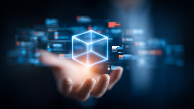 Transparent digital cube floating above an open hand with interface panels, symbolizing virtual systems, data visualization, and technological control.
